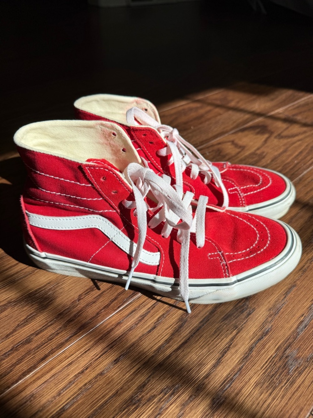Vans Red and Cream High-Top Canvas Sneakers